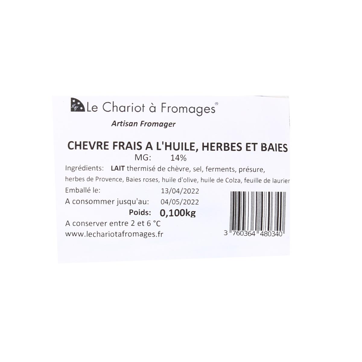 3760364480340 - Le Chariot à fromages, Artisan Fromager - Tommette Chèvre Frais à l'Huile, Herbes de Provence et Baies Roses - Lait de chèvre thermisé