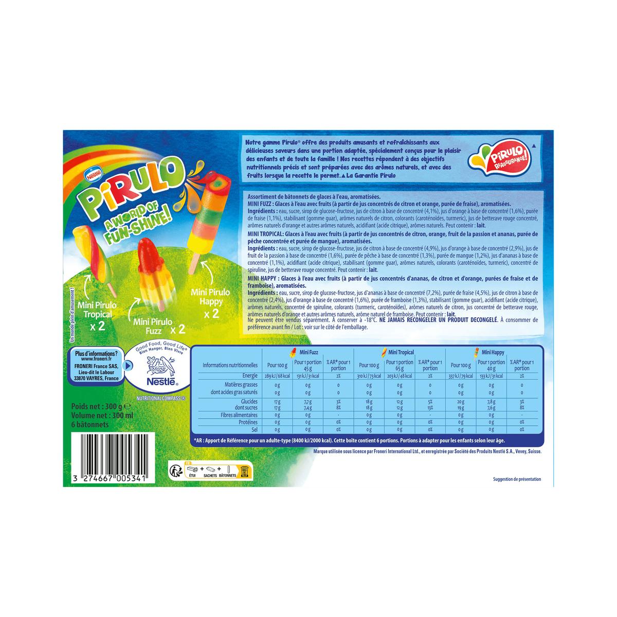 3274667005341 - Pirulo - 6 bâtonnets glaces à l'eau Mix- Fuzz, Tropical et Happy