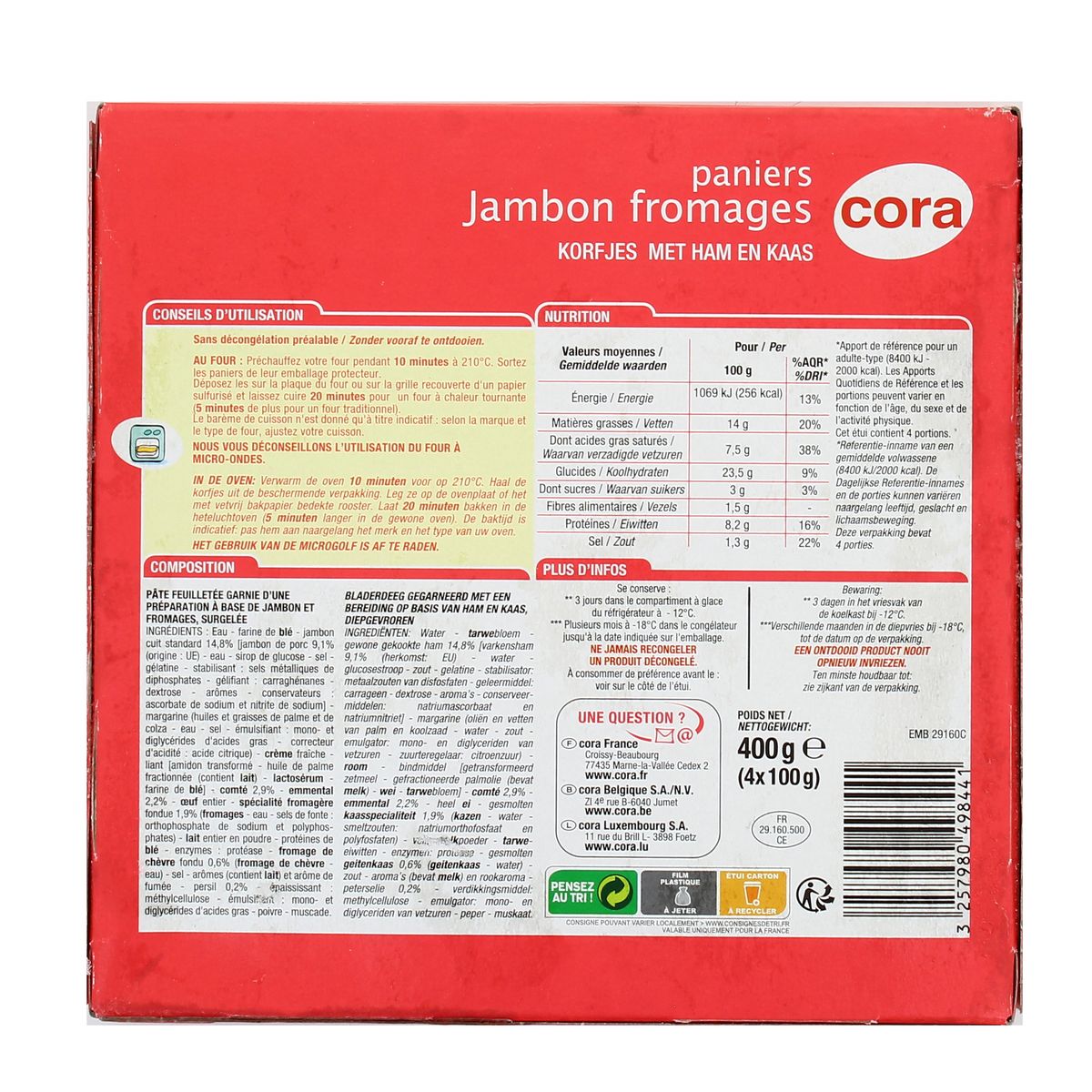3257980498441 - Cora - 4 Paniers feuilletés jambon et 3 fromages 4x100g
