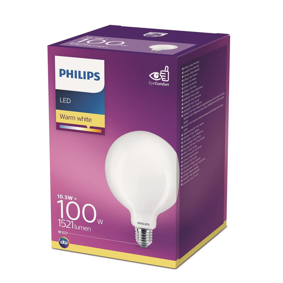 Philips Ampoule E27-10,5W LED Globe Dépolie Blanc Chaud, E27 100W