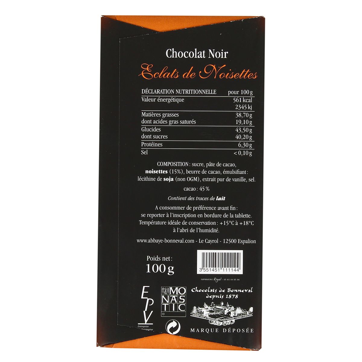 3551451111144 - Abbaye De Bonneval - Chocolat noir surfin aux noisettes 53% de cacao