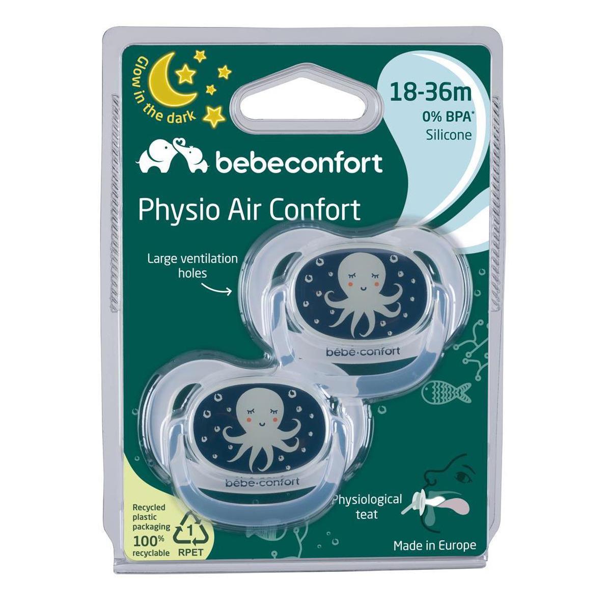 Bébé Confort 2 Sucettes 18-36 mois Physio Air Confort en Silicone Bleu  Phosphorescente