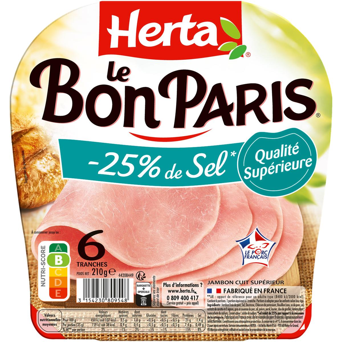 3154230809548 - Herta - Jambon Le Bon Paris, Taux de Sel Réduit - 25%*