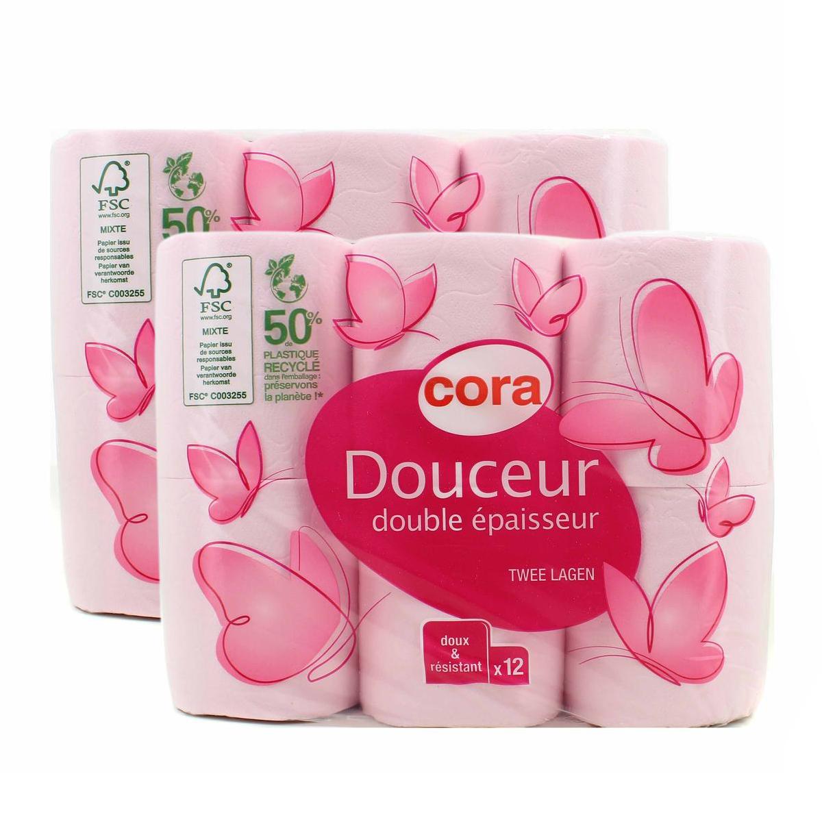 Promotion Cora Papier toilette double épaisseur Rose, Lot de 2x12 rouleaux