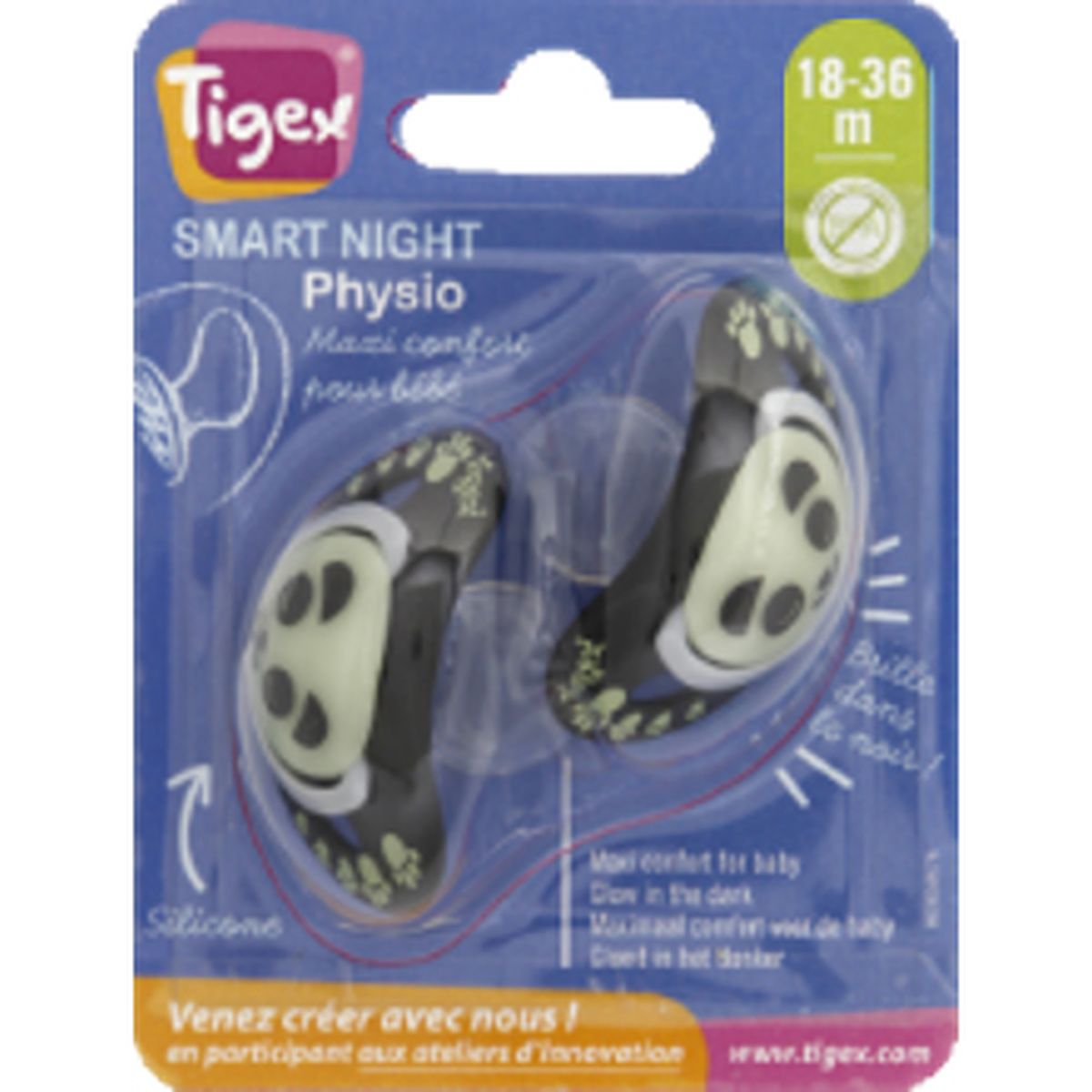 Tigex 2 sucettes smart night en silicone taille 18 mois+ panda