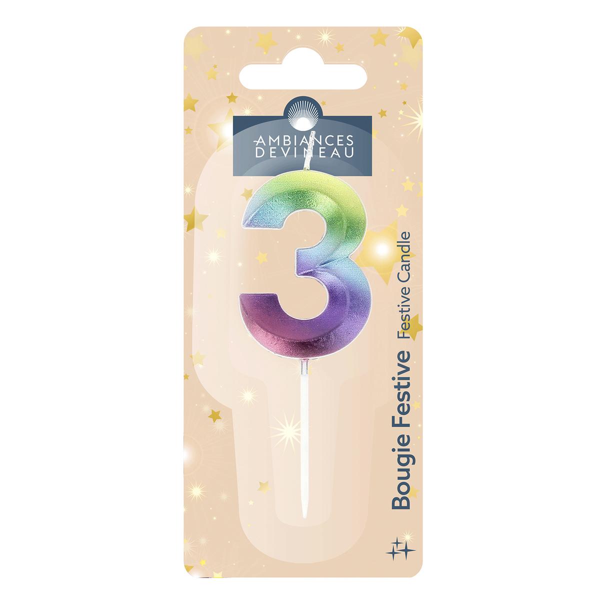 3482356828250 - Ambiances Devineau - Bougie anniversaire chiffre 3 multicolore