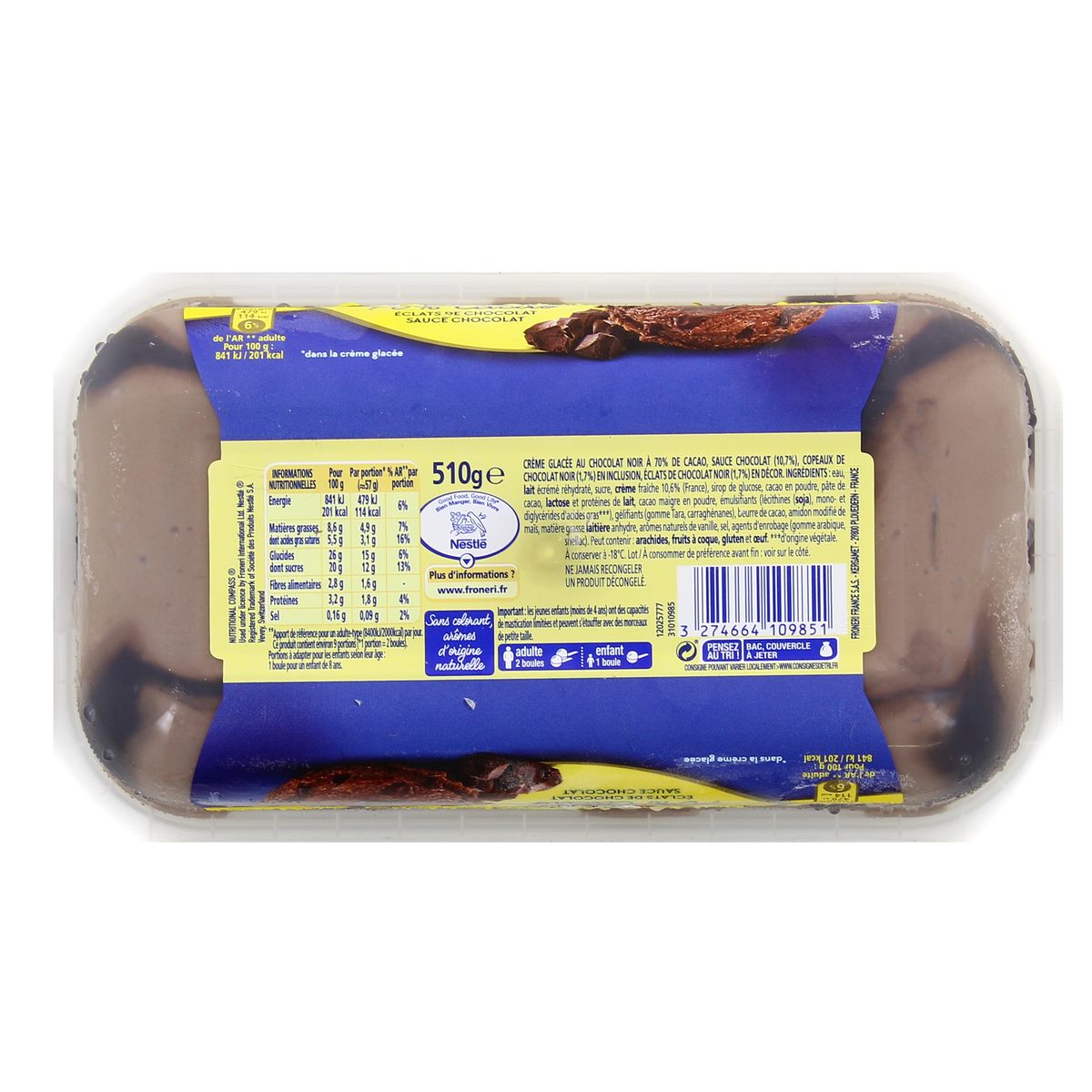 3274664109851 - La laitière - Crème glacée Chocolat, Eclats de chocolat et sauce chocolat 750ml