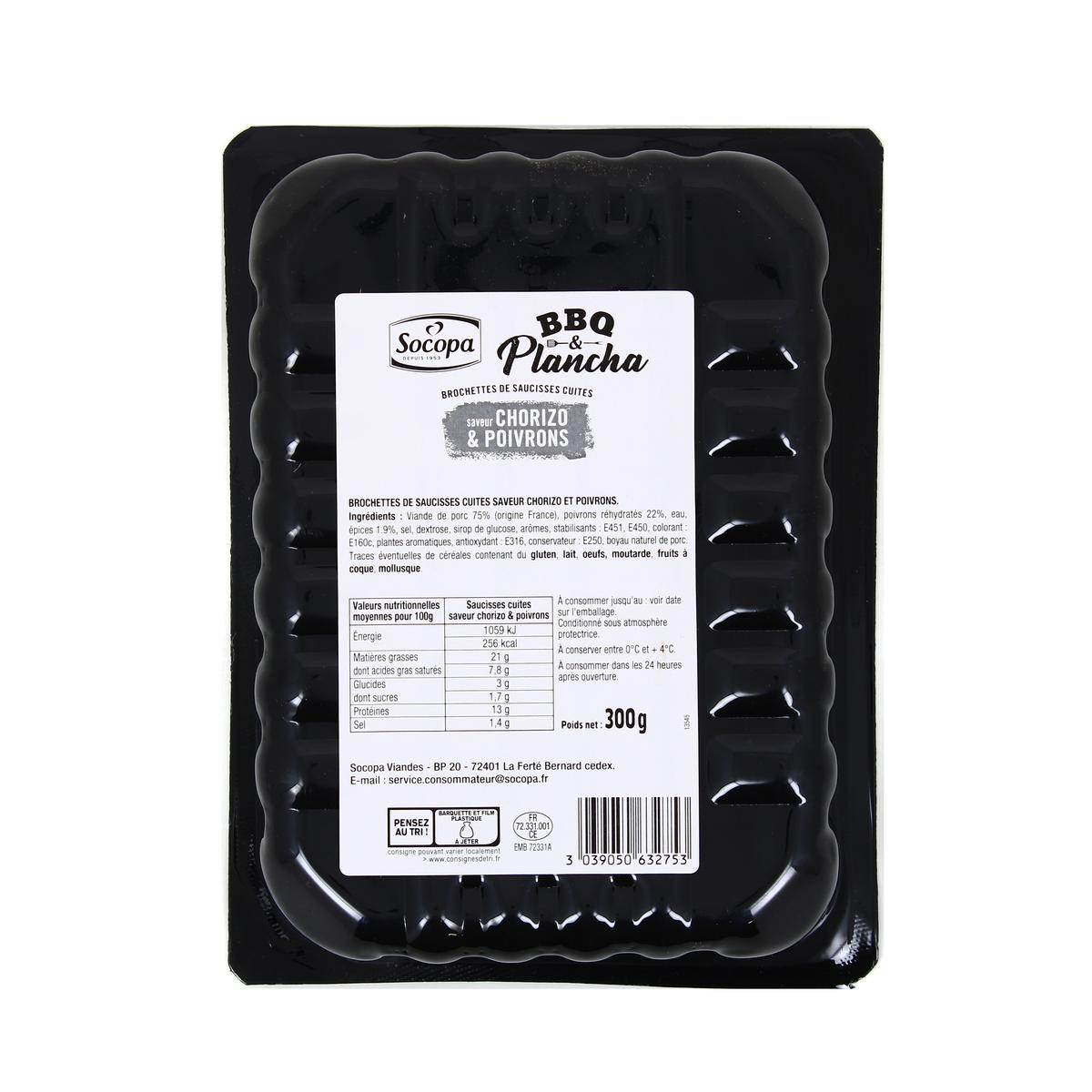 3039050632753 - Socopa - 4 Mini Brochettes de Saucisses cuites saveur Chorizo et Poivrons 4x75g
