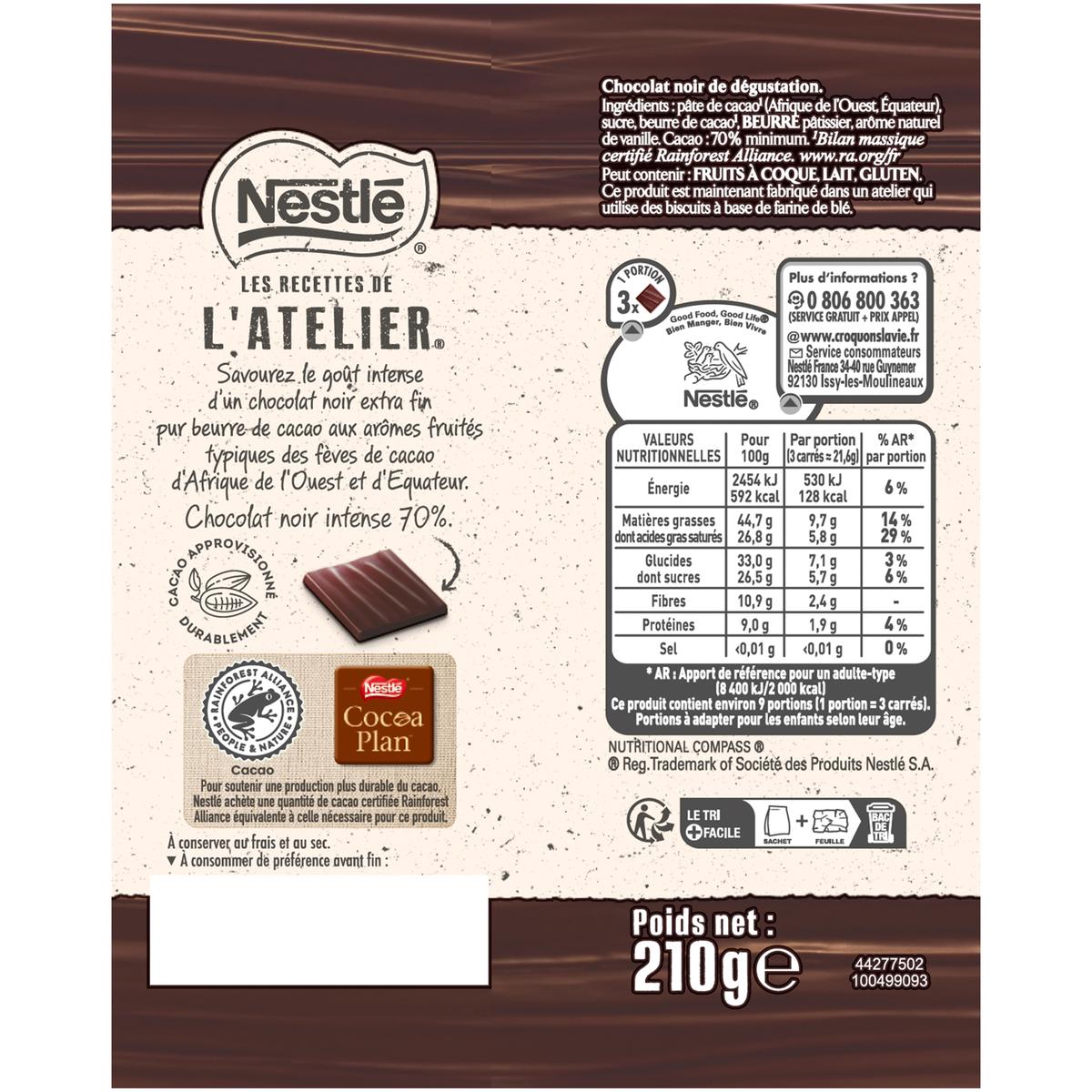 3033710001354 - Nestlé Les Recettes de l'Atelier - Carrés de chocolat noir 70%