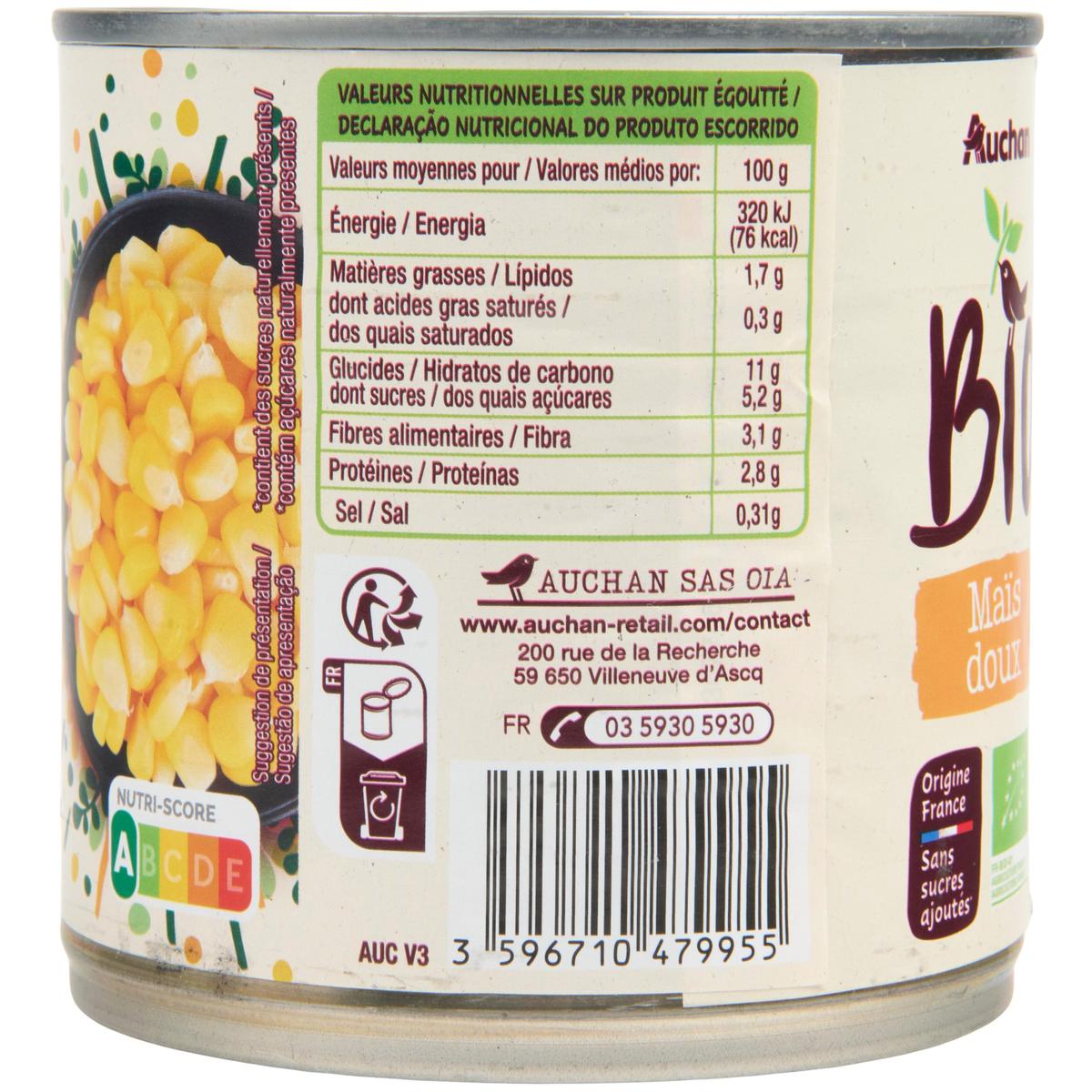 3596710479955 - Auchan BIO - Mais doux en grains sans sucres ajoutés Bio