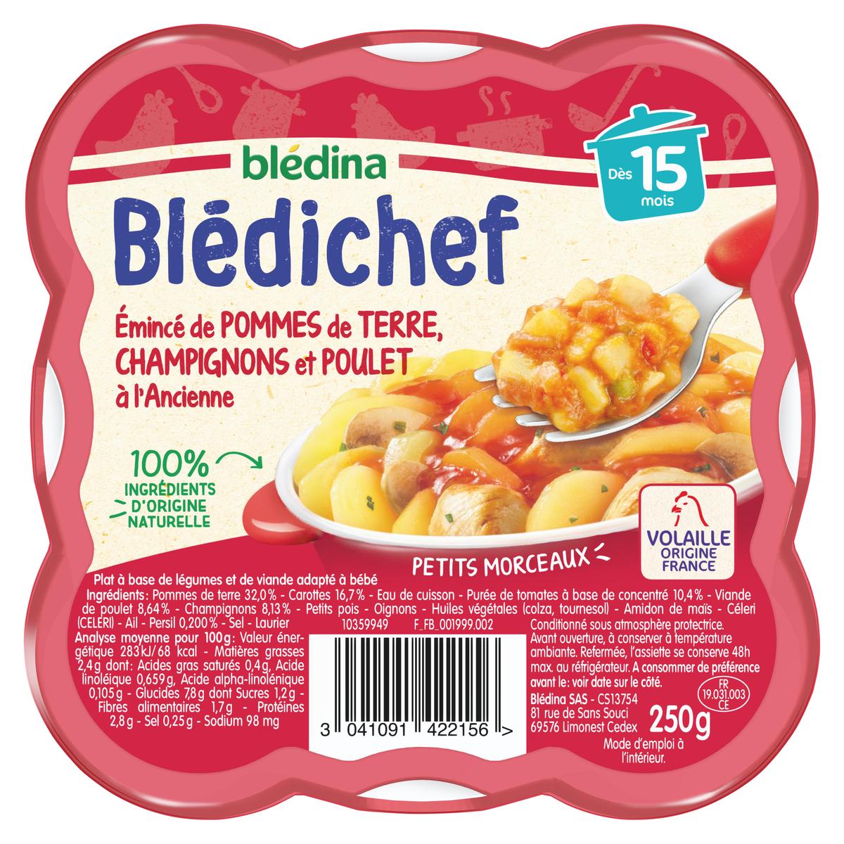 3041091422156 - Blédina - Blédi'chef - Emincé de Pomme de Terre Champignon et Poulet à l'Ancienne Assiette Bébé Dès 15 mois