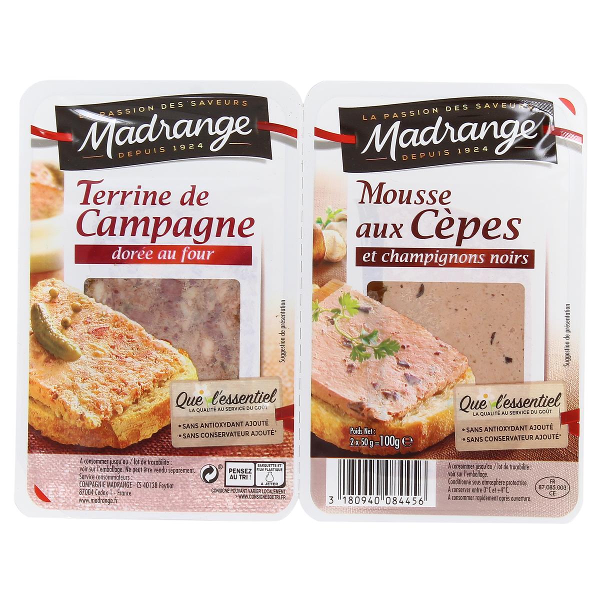 Achat / Vente Madrange Terrine de Campagne & Mousse aux Cèpes, 100g