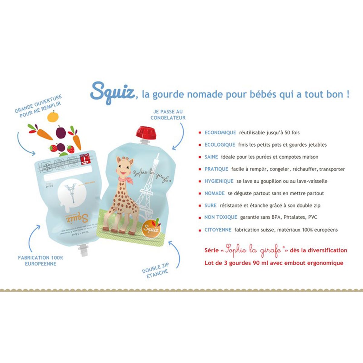 SQUIZ Squiz’Top + Squiz’Spoon – Cuillère & Embout Adaptable Pour Gourde Souple Réutilisable, Compote & Purée Bébé