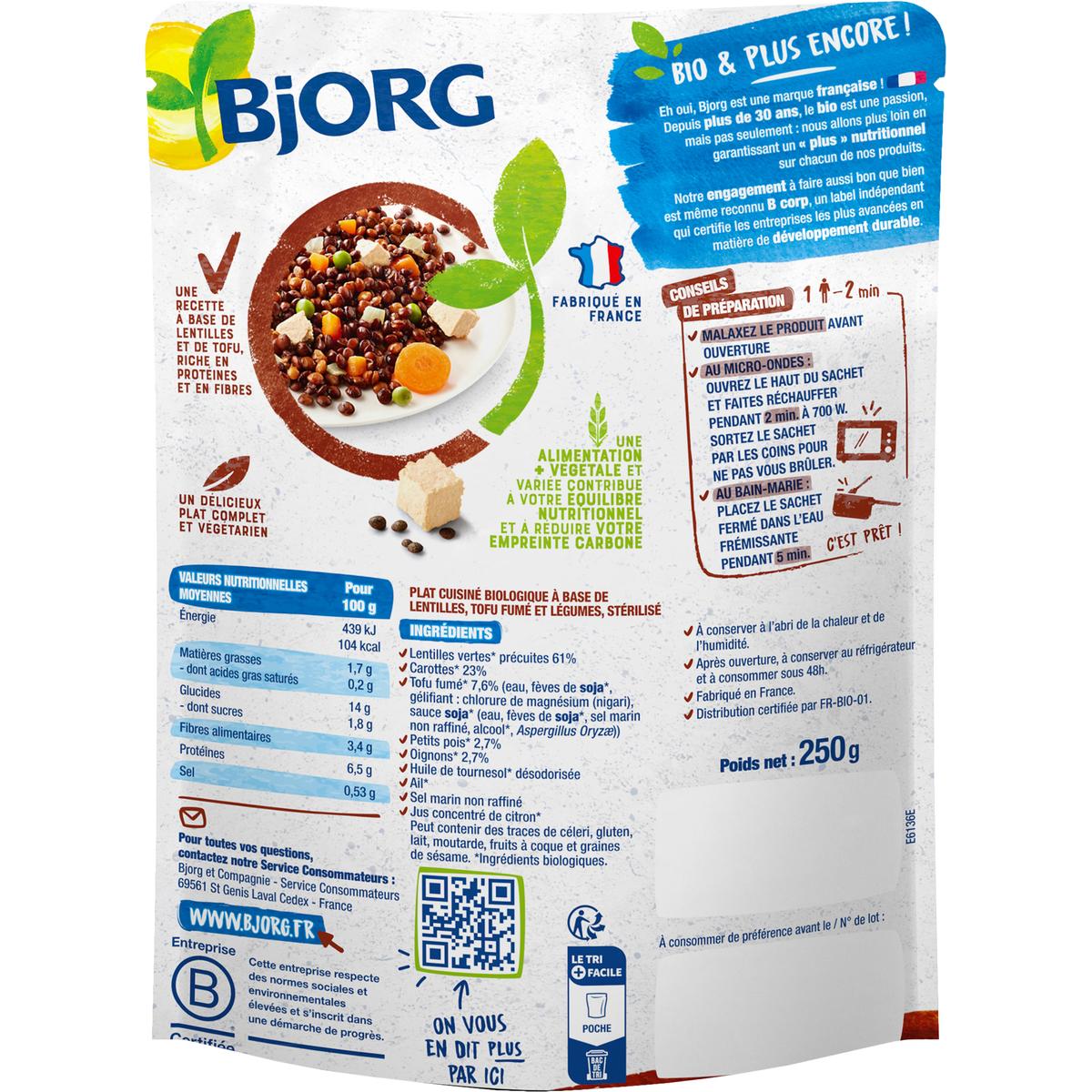 BJORG - Plat Cuisiné Lentilles Légumes et Tofu Fumé - Plat Préparé Bio -  Doypack Micro-ondable 250 g