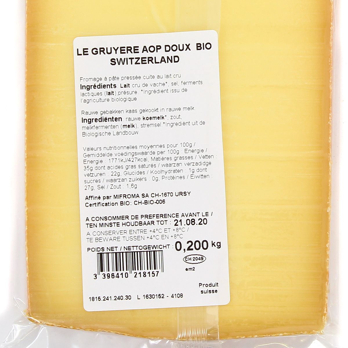 3396410218157 - Bonneterre - Gruyère suisse bio AOP