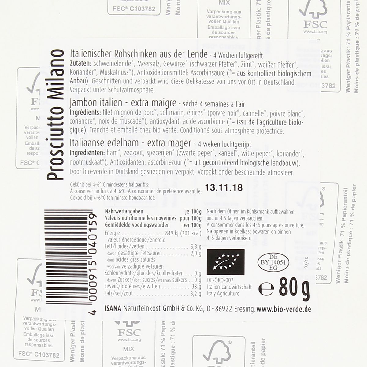 4000915040159 - BioVerde - Proscuitto Milano bio, sans sel nitrité