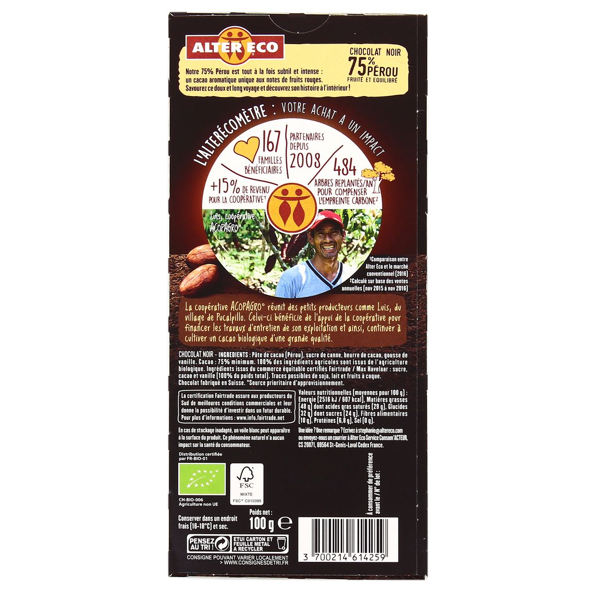3700214614259 - Alter Eco - Commerce Equitable - Chocolat noir 75% Cacao Bio du Pérou