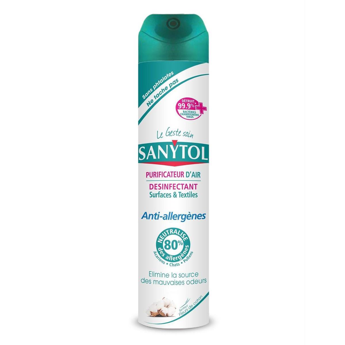 Sanytol Purificateur d'Air, Désinfectant Surfaces & Textiles  Anti-Allergènes - Fleurs de coton