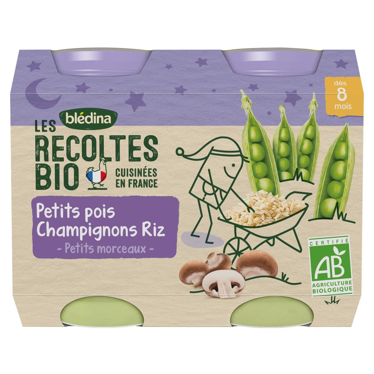 3041091551160 - Blédina - Les Récoltes Bio - Petit Pois, Champignons, Riz Bio Pots Bébé Dès 8 mois