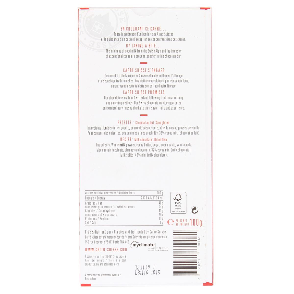 3760231780061 - Carré Suisse - Chocolat au lait des montagnes 32% N°11 