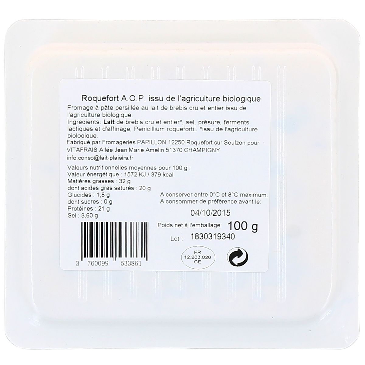 3760099533861 - Lait Plaisirs - Roquefort AOP, bio