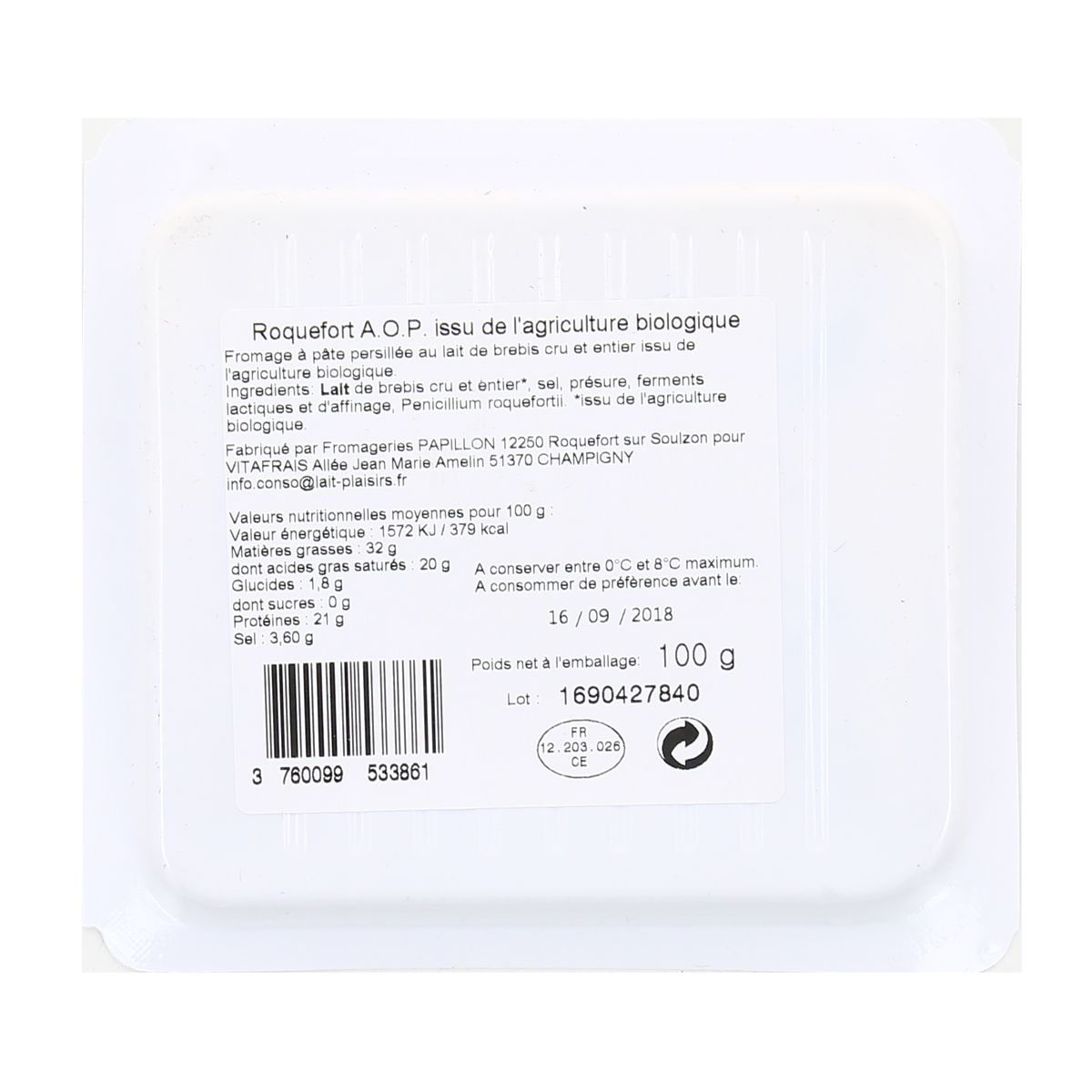 3760099533861 - Lait Plaisirs - Roquefort AOP, bio
