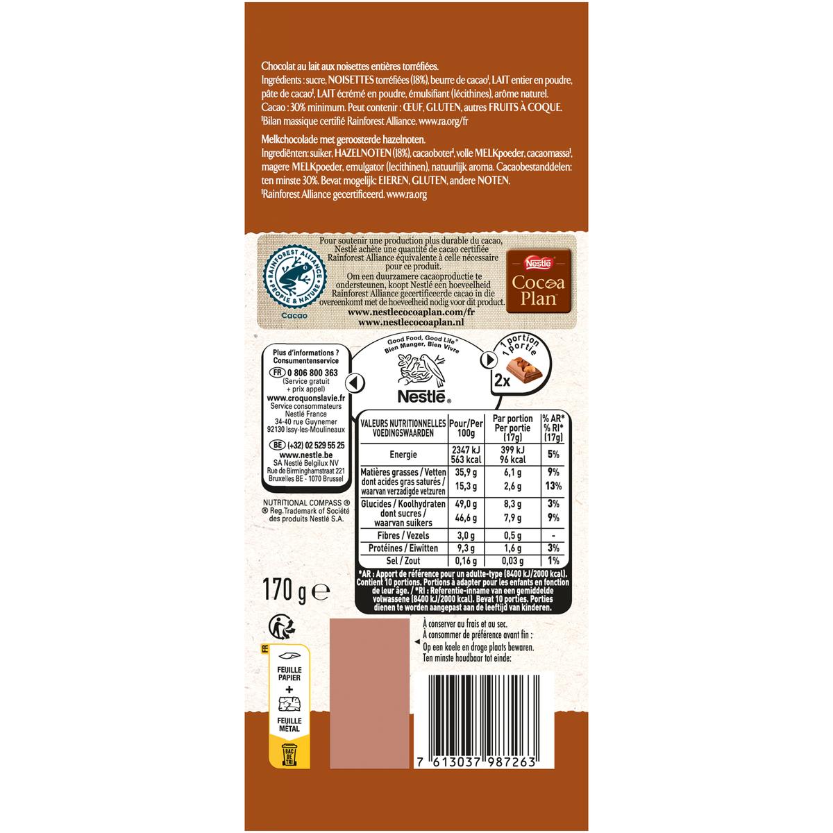 7613037987263 - Nestlé Les Recettes de l'Atelier - Chocolat au lait noisettes entières torréfiées