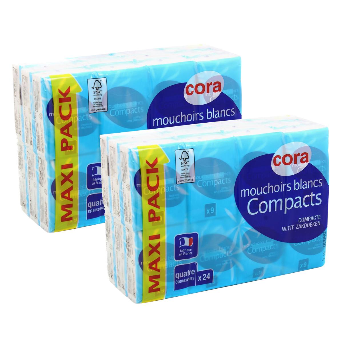 Promotion Cora Mouchoirs blancs compacts en étuis 4 plis, Lot de 2 x 24x9  mouchoirs