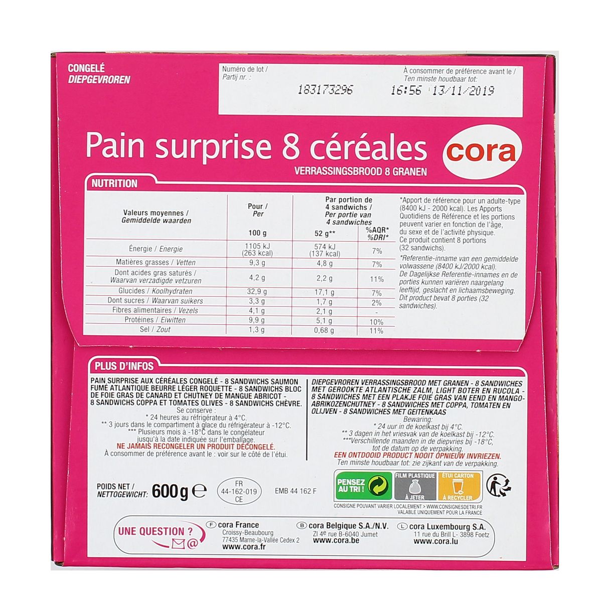 3257983131765 - Cora - Pain surprise aux 8 céréales- 32 sandwiches