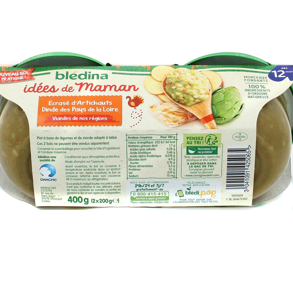 3041091425065 - Blédina - Mes Moulinés - Ecrasé d'Artichauts Dinde des Pays de la Loire Bol Bébé Dès 12 mois