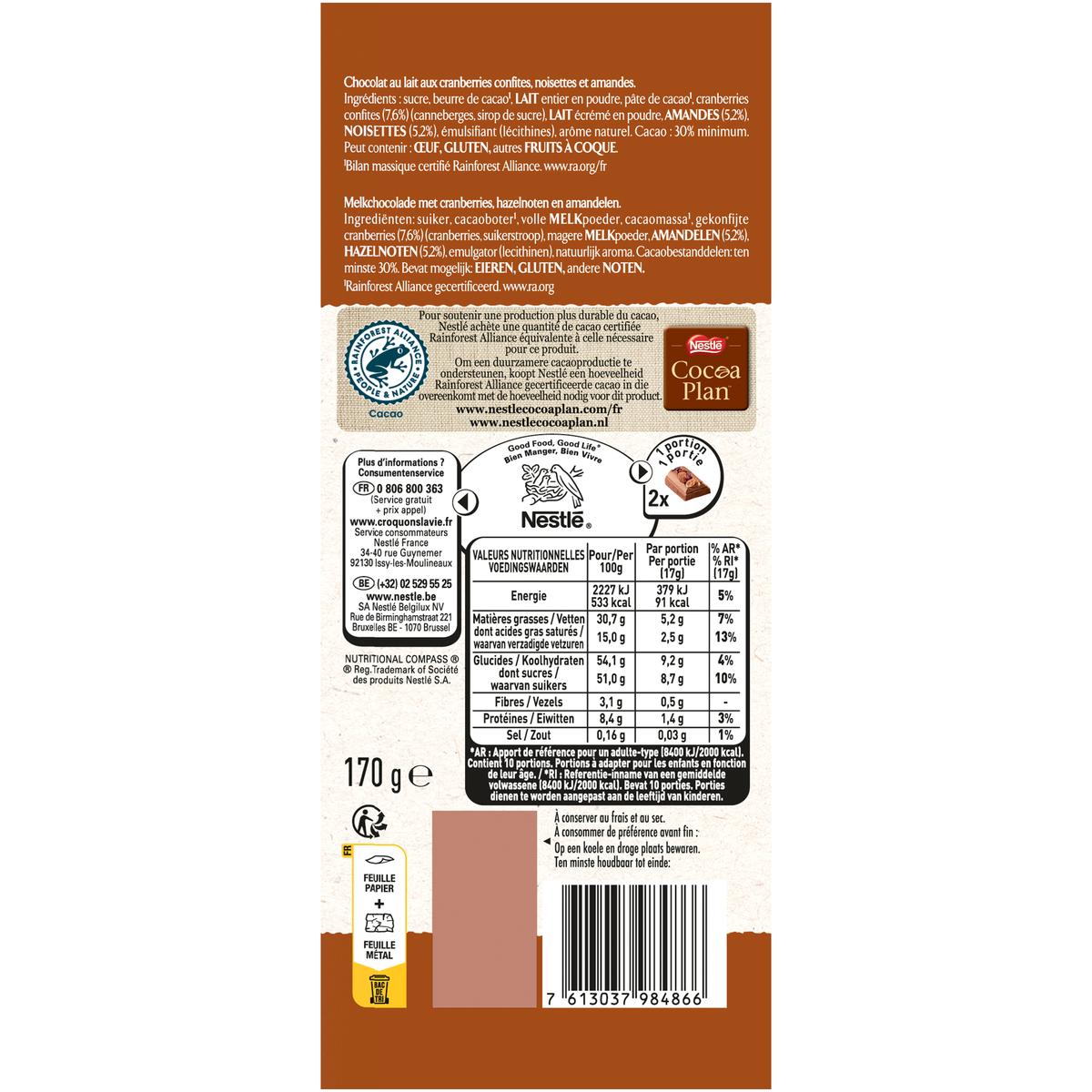 7613037984866 - Nestlé Les Recettes de l'Atelier - Chocolat au lait cranberries et amandes