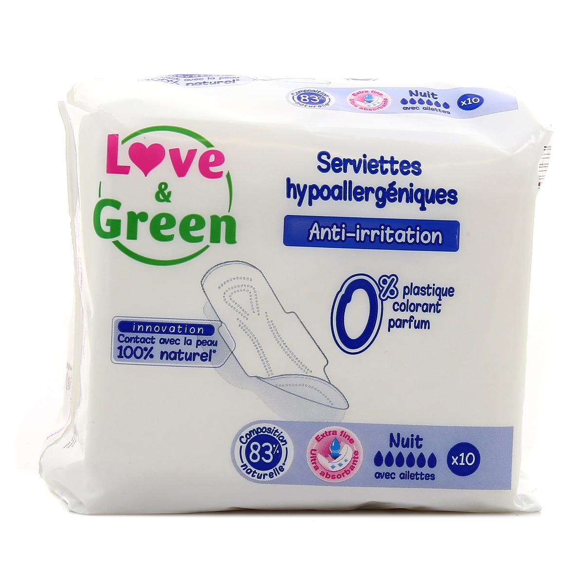 Love & Green Serviettes hygiéniques nuit avec aillettes anti-irritation
