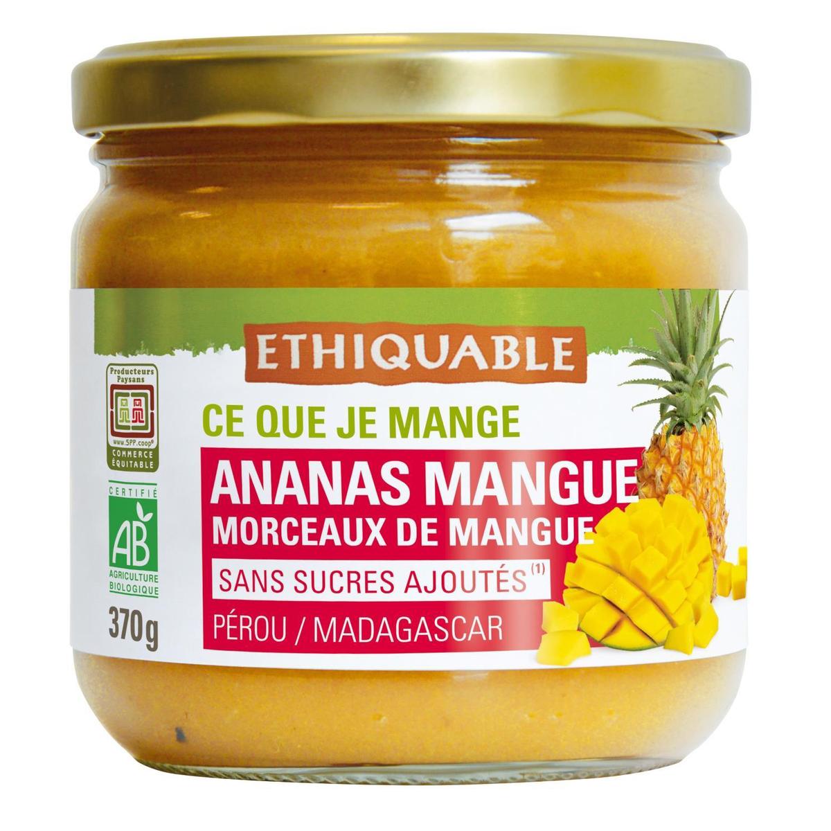 3760278866568 - Ethiquable - Commerce Equitable - Purée d'Ananas et Mangue avec Morceaux Bio du Pérou / Madagascar
