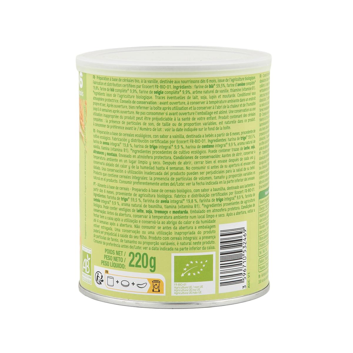 3596710532469 - Auchan Baby Bio - 3 céréales en poudre blé avoine seigle à la vanille Bio Bébé dès 6 mois