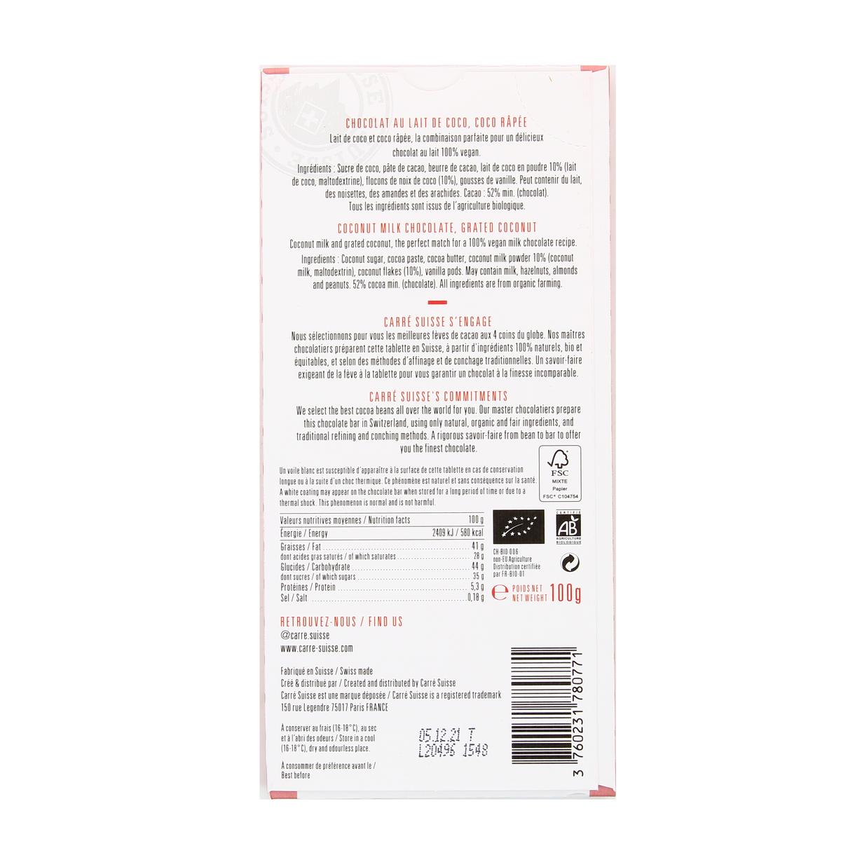 3760231780771 - Carré Suisse - Chocolat au lait de coco et coco râpé bio et végan