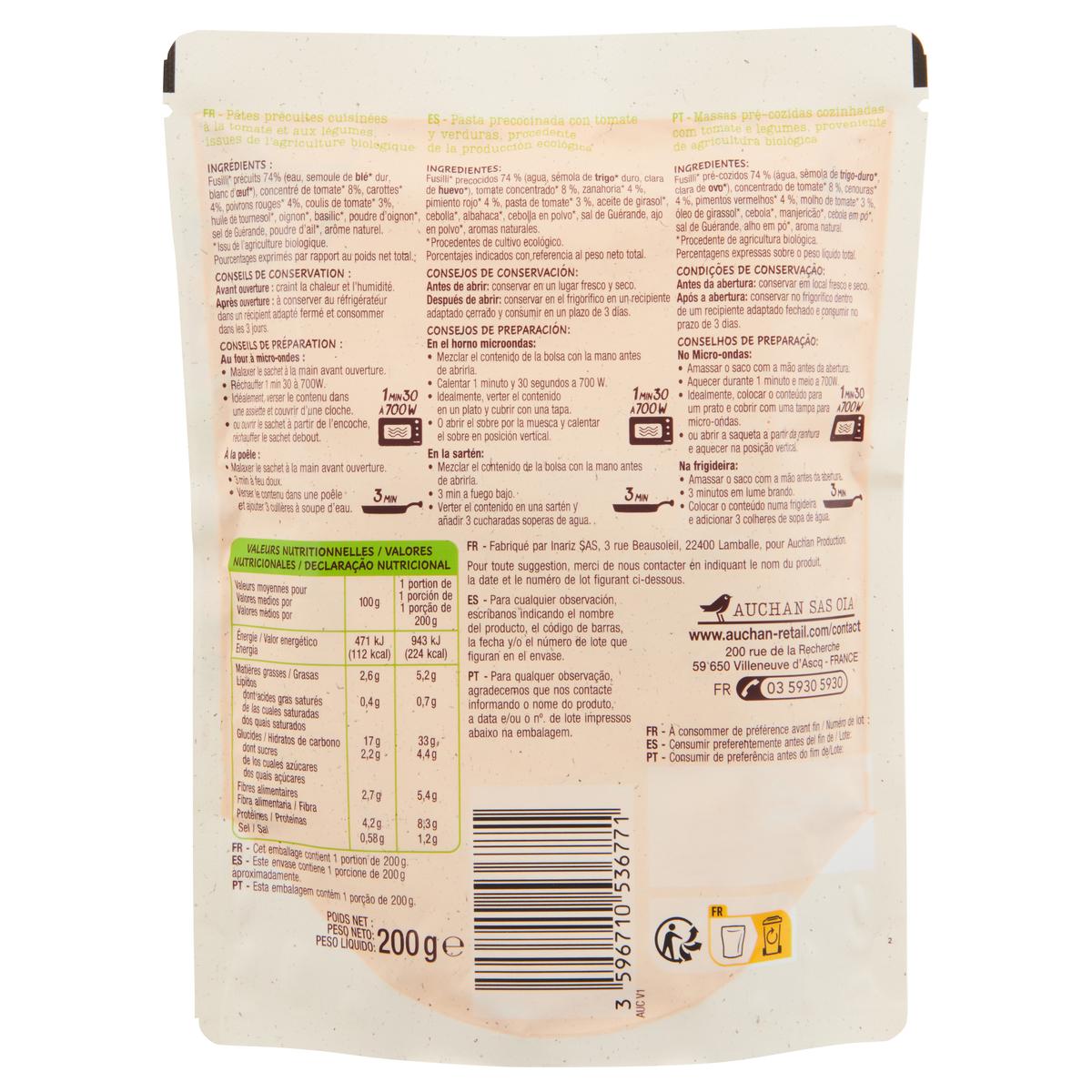 3596710536771 - Auchan BIO - Pâtes Fusili à la Provençale Micro-ondes Express Bio