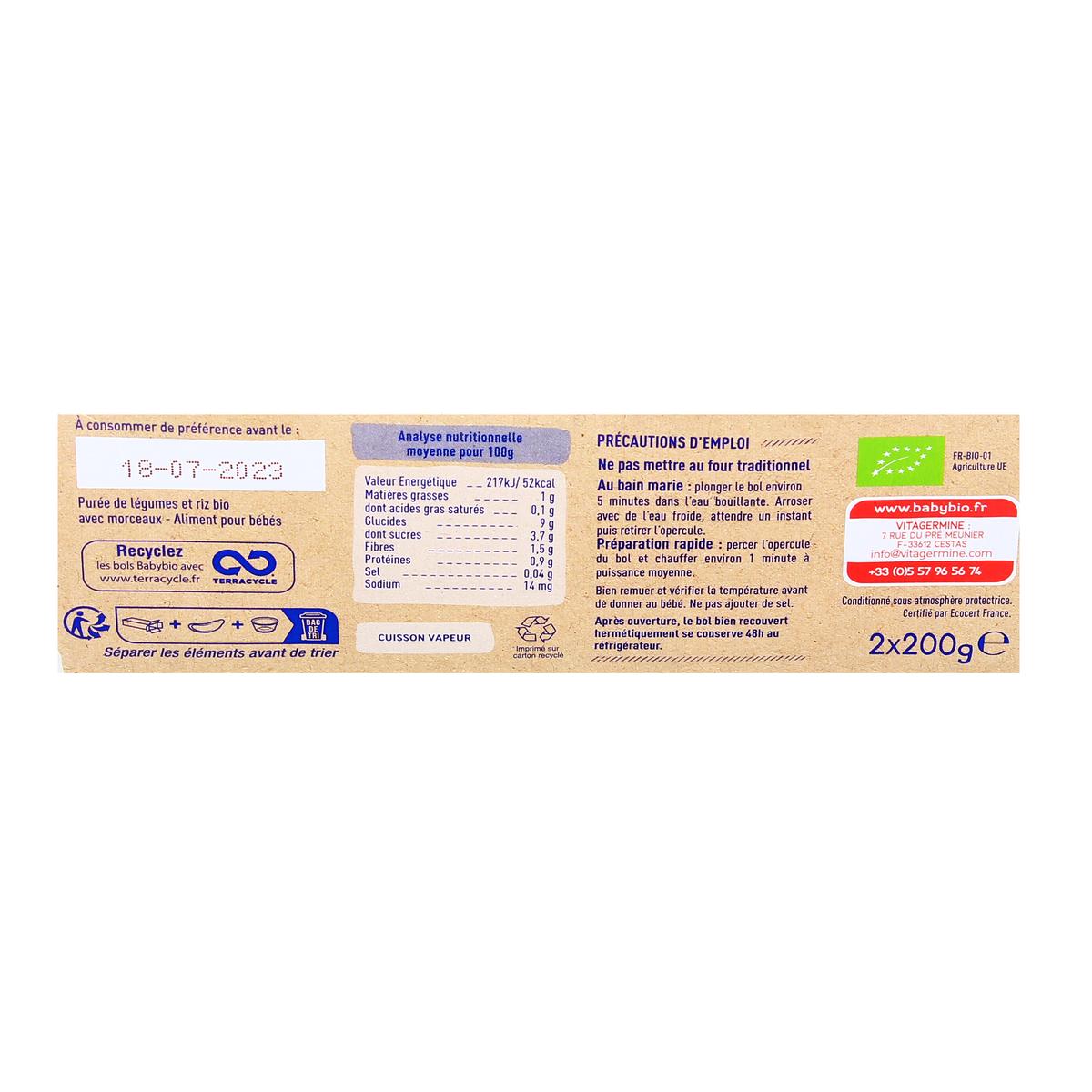 3288131520872 - Babybio - Patate Douce, Légumes du soleil, Riz de Camargue Bio Bol Bébé Dès 8 mois