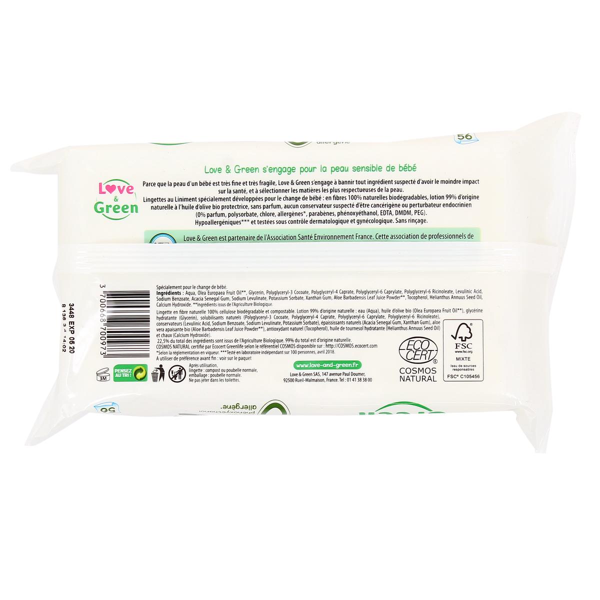 Love & Green Lingettes au Liniment Saines et Ecologiques - Paquet de 56  Lingettes - Certifiée Cosmo Natural par ECOCERT et FSC - Emballage  recyclable