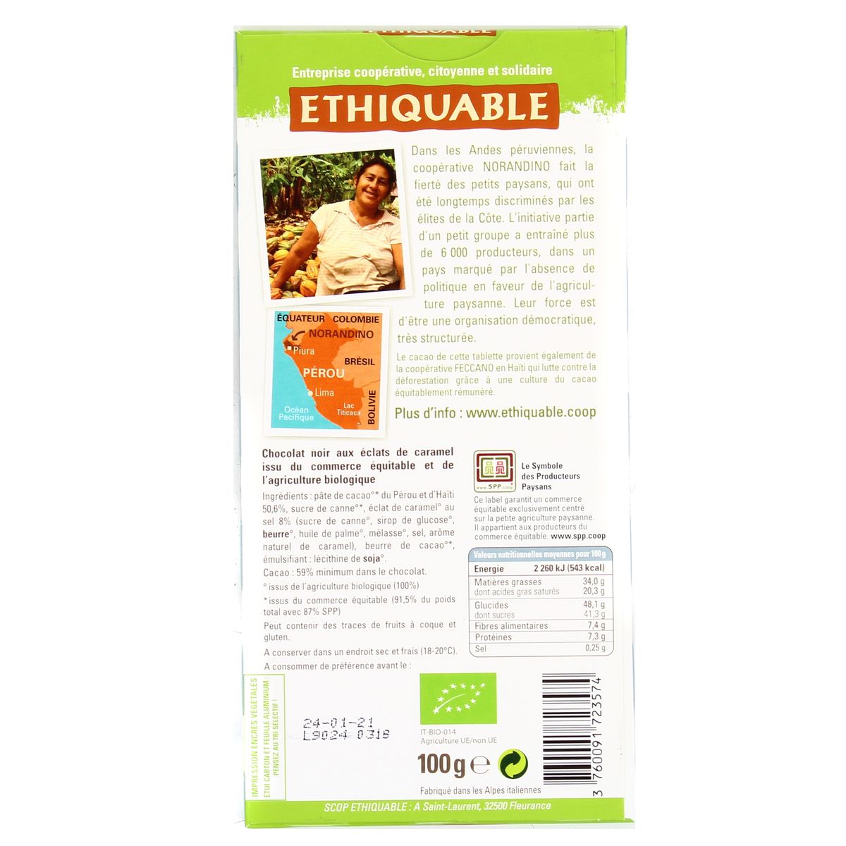 3760091723574 - Ethiquable - Commerce Equitable - Chocolat Noir Caramel pointe de sel 65% Cacao Bio du Pérou ou Equteur