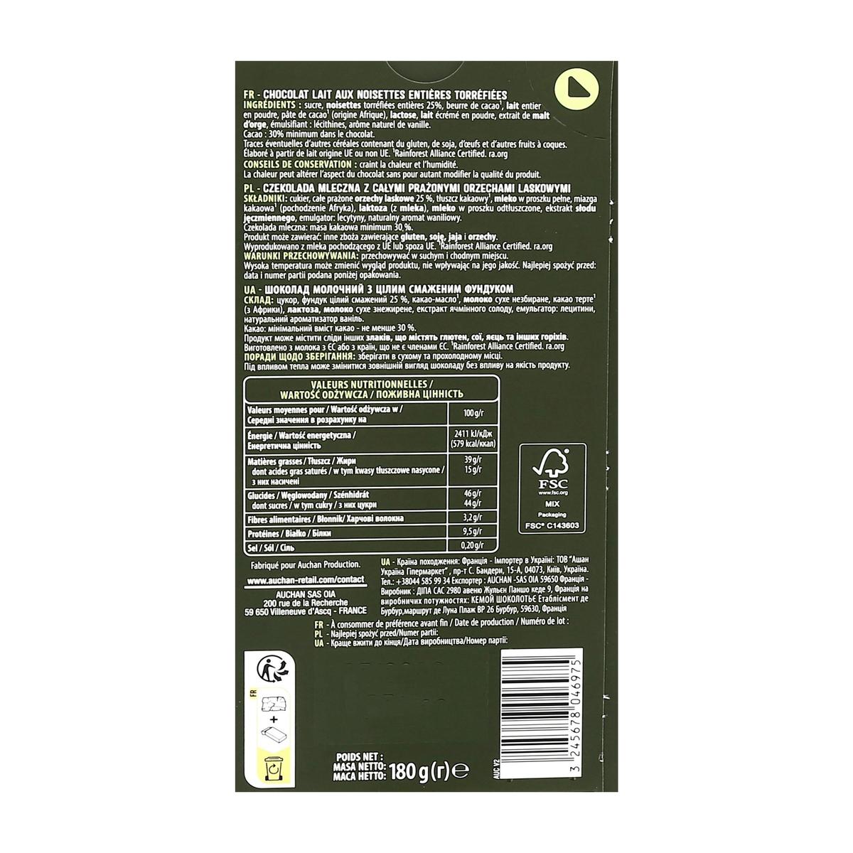 3245678046975 - Auchan - Tablette de chocolat au lait aux noisettes entières