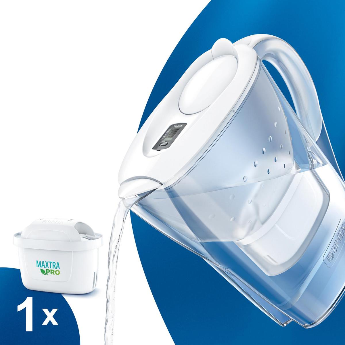 BRITA Carafe filtrante Marella blanche (2,4l), 12 filtres MAXTRA+ inclus,  réduit le calcaire, le chlore et le plomb pour une eau du robinet plus pure  – dans emballage Smart Box durable 