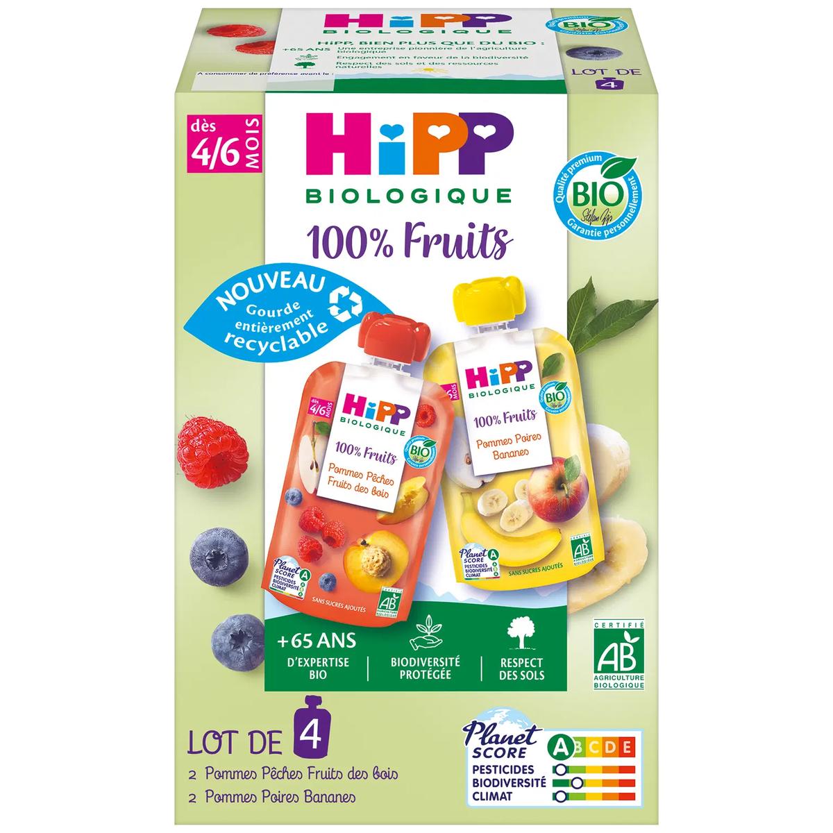 4062300468177 - Hipp - 100% Fruits - 2 Variétés Purée de Fruits Bio - Gourde Bébé Dès 4 mois