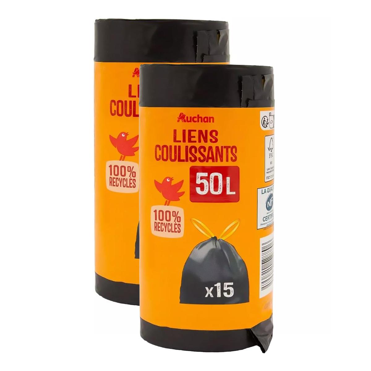 2050000409677 - Auchan - Sacs poubelle avec liens coulissants 50L