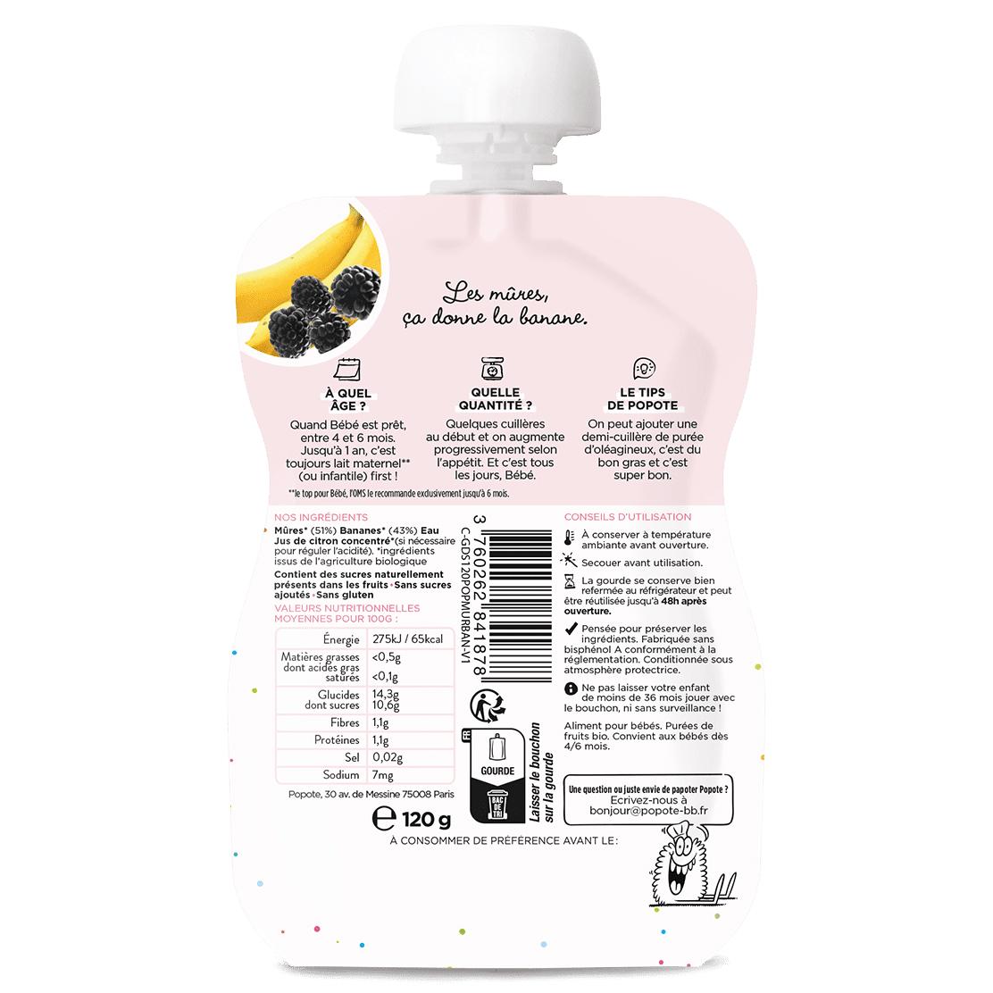 3760262841878 - Popote - Mûres Banane Bio Gourde Bébé Dès 4/6 mois