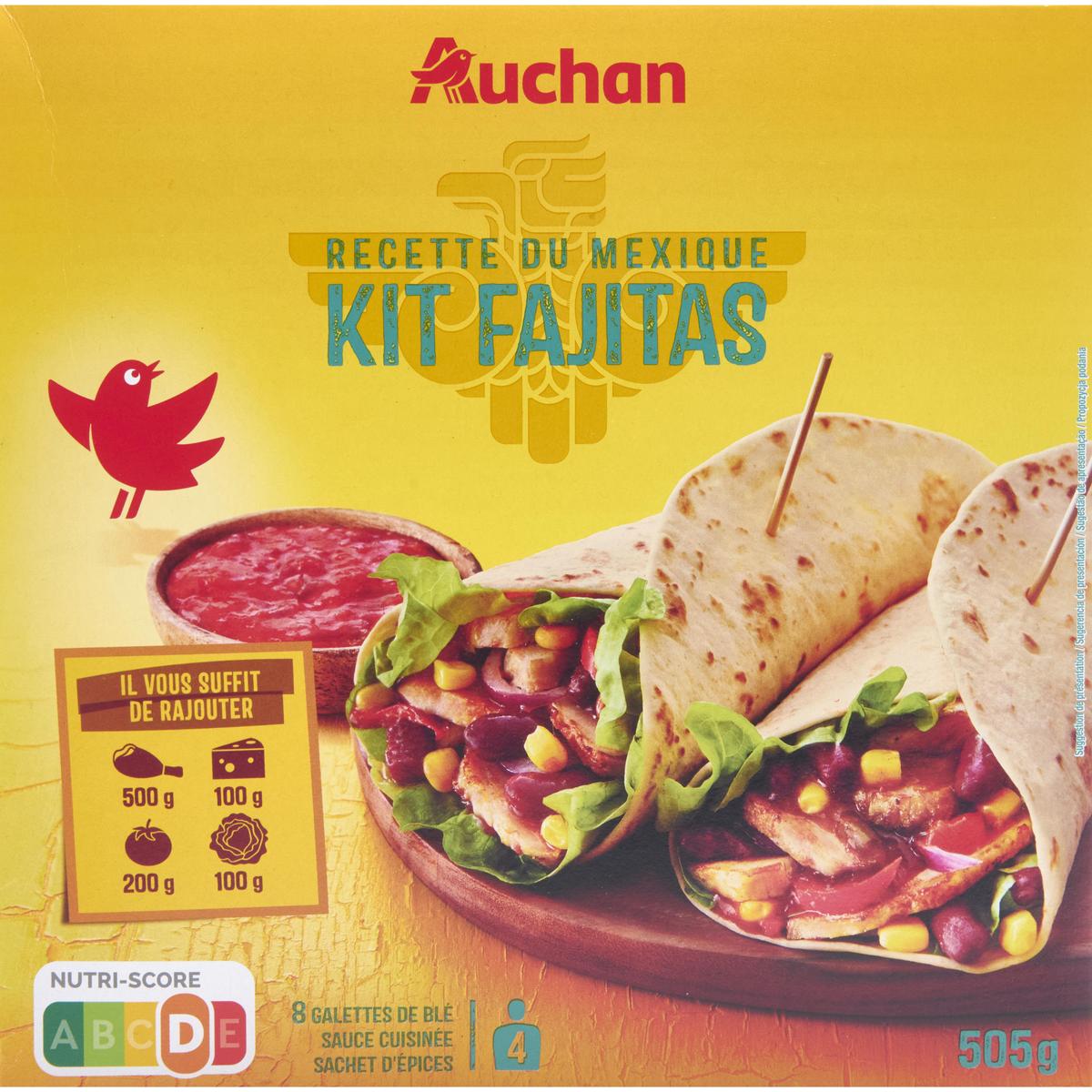 3596710273478 - Auchan - Kit pour fajitas - 8 galettes de blé, Sauce fajita, Sachet d'Assaisonnement.