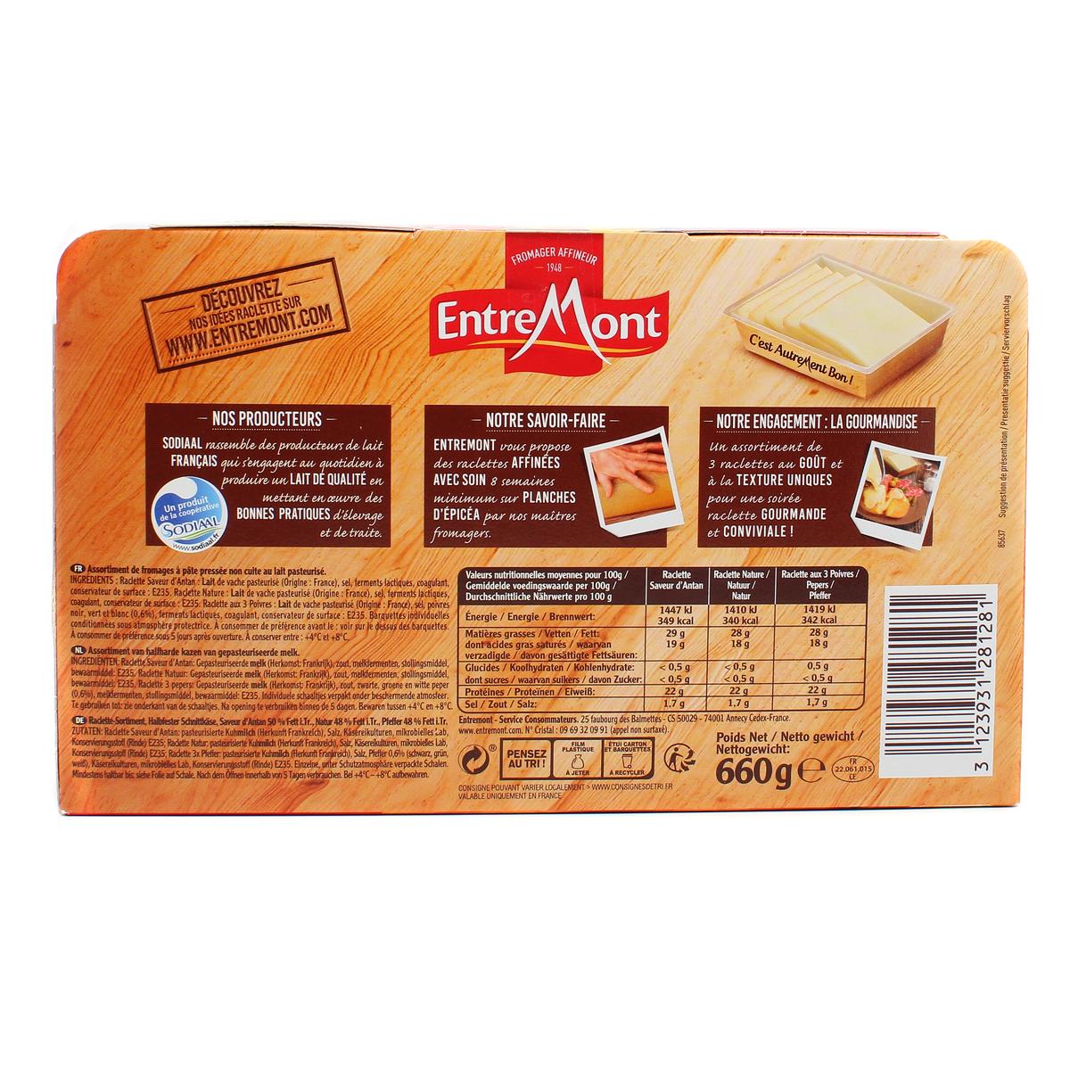3123931281281 - Entremont - Assortiment raclette, nature, antan, 3 poivres