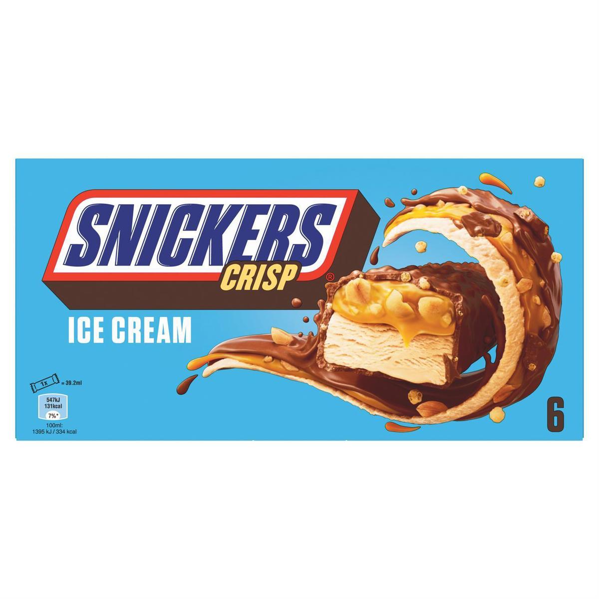Snickers 6 barres glacées Crisp Chocolat Caramel 6x39,2ml, Boite de 207g