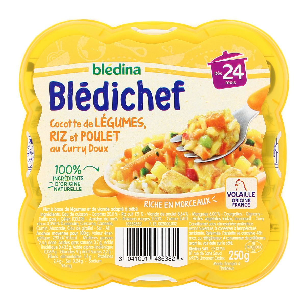 Blédichef Cocotte de Légumes Riz et Poulet au Curry Doux des 24 mois