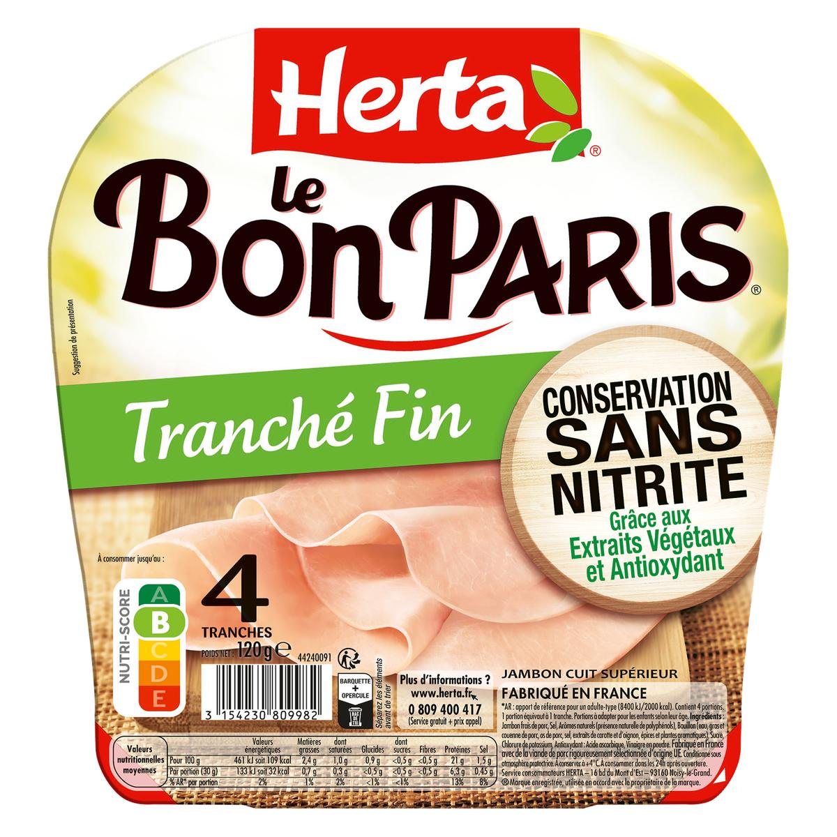3154230809982 - Herta - Jambon Le Bon Paris Tranches Fines, Conservation Sans Nitrite 120g