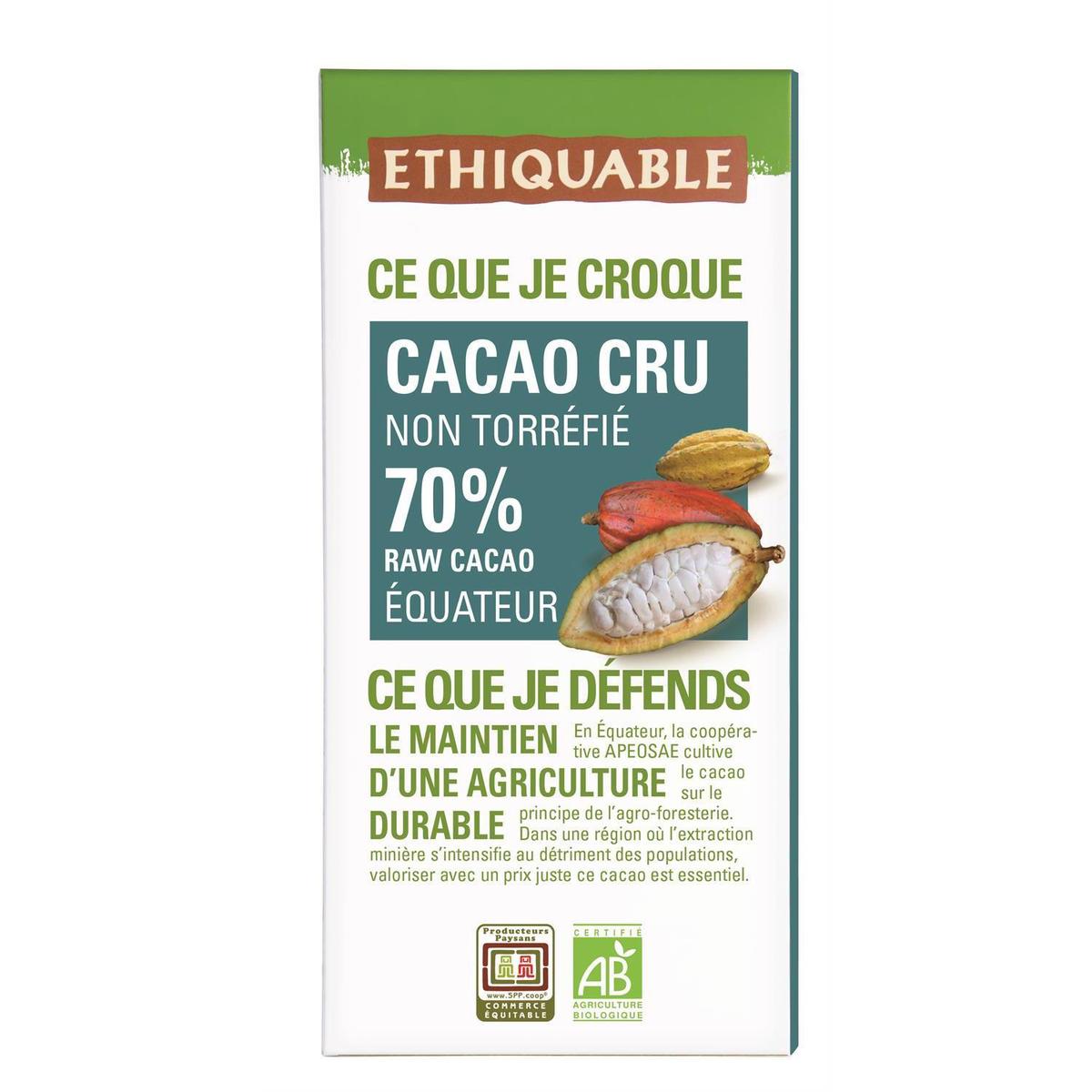 3760278866483 - Ethiquable - Commerce Equitable - Cacao Cru 70% non torréfié Bio d'Equateur